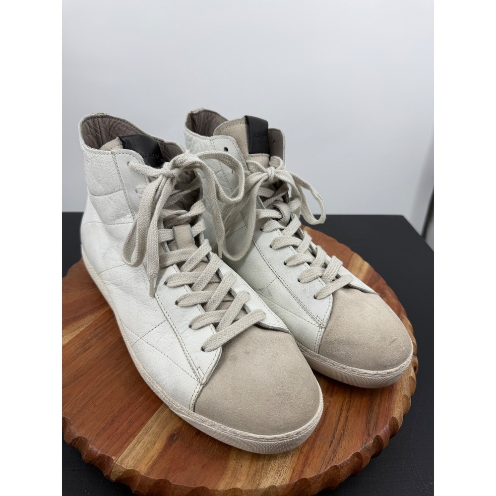 AllSaints Tundy High Top Sneakers Mens 10 White Leather Leopard Calf Hair MZ533X